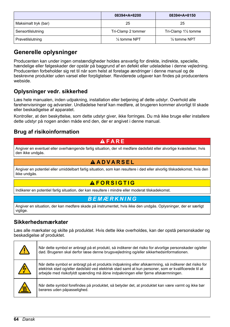 Generelle oplysninger, Oplysninger vedr. sikkerhed, Brug af risikoinformation | Sikkerhedsmærkater | Hach-Lange POLYMETRON 83xx Basic User Manual User Manual | Page 64 / 124