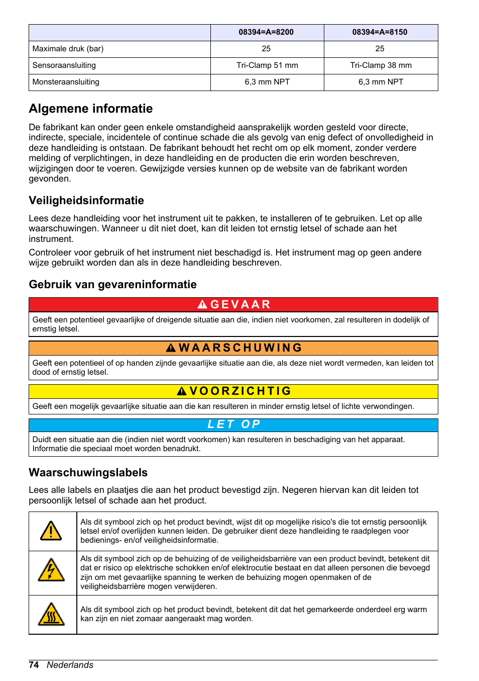 Algemene informatie, Veiligheidsinformatie, Gebruik van gevareninformatie | Waarschuwingslabels | Hach-Lange POLYMETRON 83xx Basic User Manual User Manual | Page 74 / 124