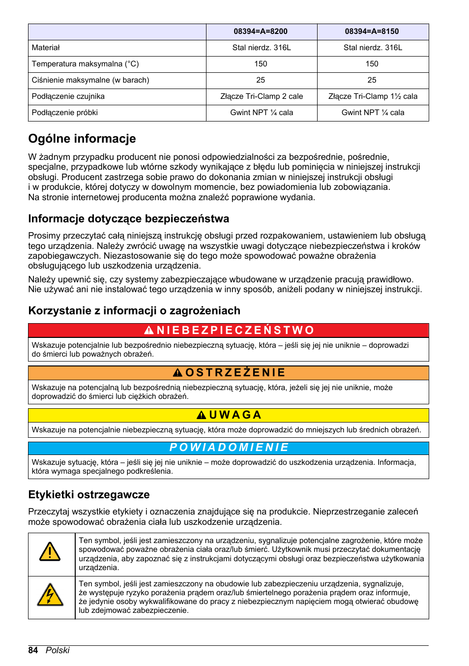 Ogólne informacje, Informacje dotyczące bezpieczeństwa, Korzystanie z informacji o zagrożeniach | Etykietki ostrzegawcze | Hach-Lange POLYMETRON 83xx Basic User Manual User Manual | Page 84 / 124