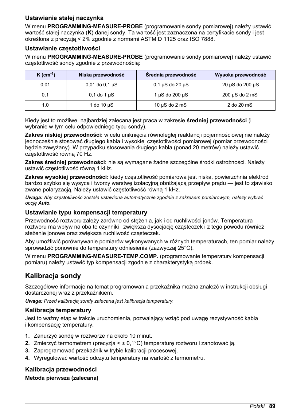 Ustawianie stałej naczynka, Ustawianie częstotliwości, Ustawianie typu kompensacji temperatury | Kalibracja sondy, Kalibracja temperatury, Kalibracja przewodności | Hach-Lange POLYMETRON 83xx Basic User Manual User Manual | Page 89 / 124