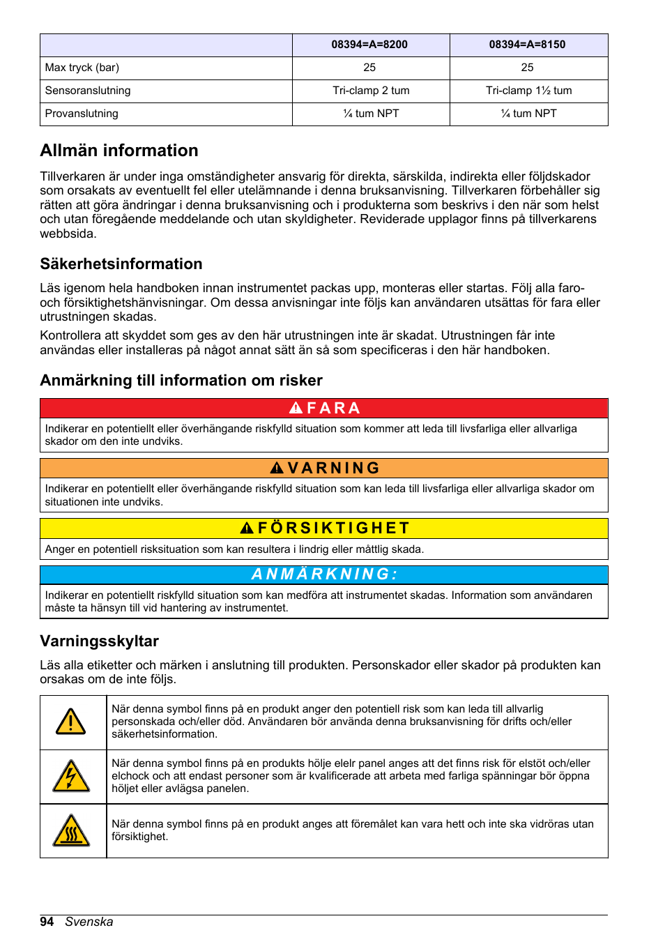 Allmän information, Säkerhetsinformation, Anmärkning till information om risker | Varningsskyltar | Hach-Lange POLYMETRON 83xx Basic User Manual User Manual | Page 94 / 124