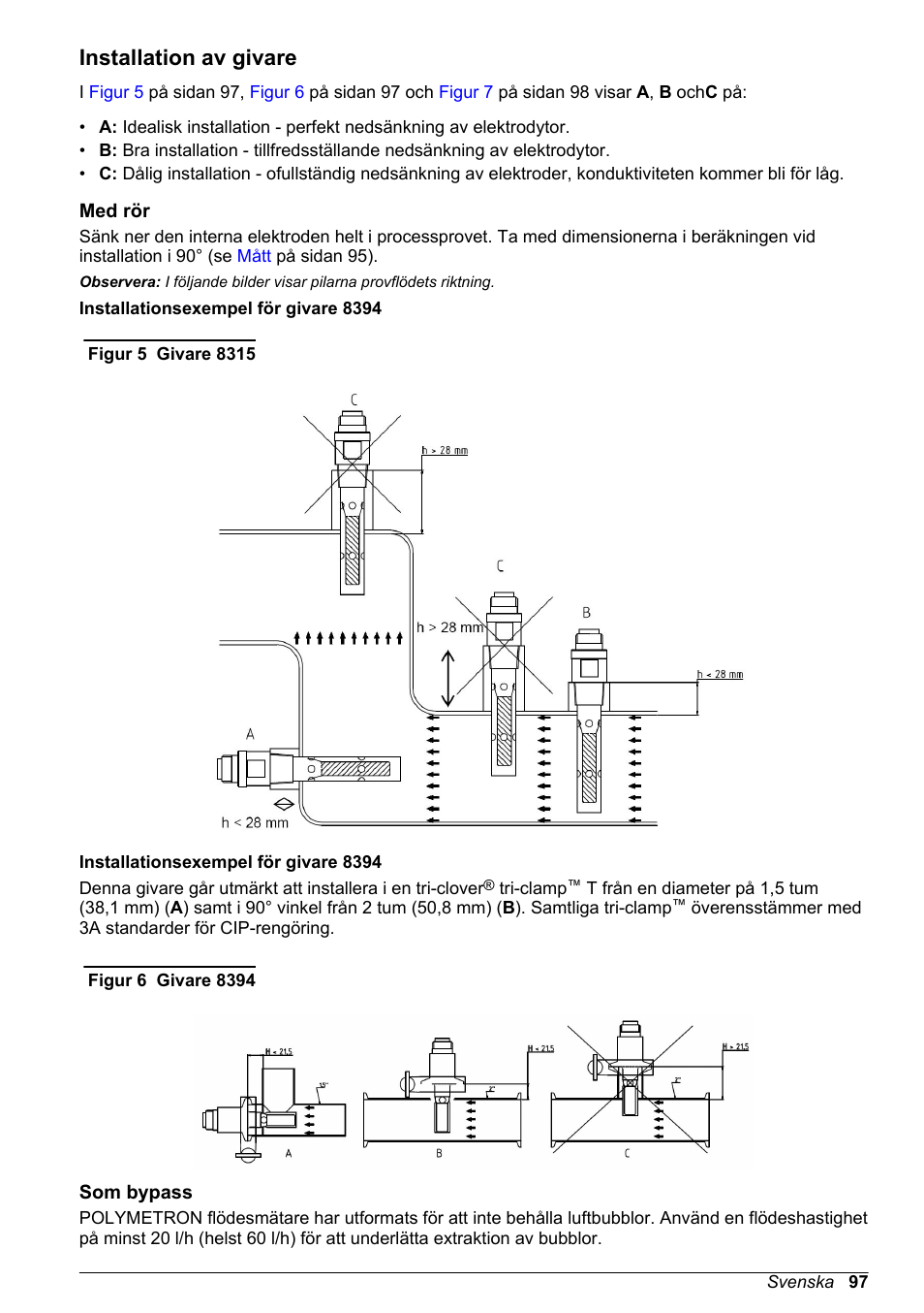 Installation av givare, Med rör, Som bypass | Hach-Lange POLYMETRON 83xx Basic User Manual User Manual | Page 97 / 124
