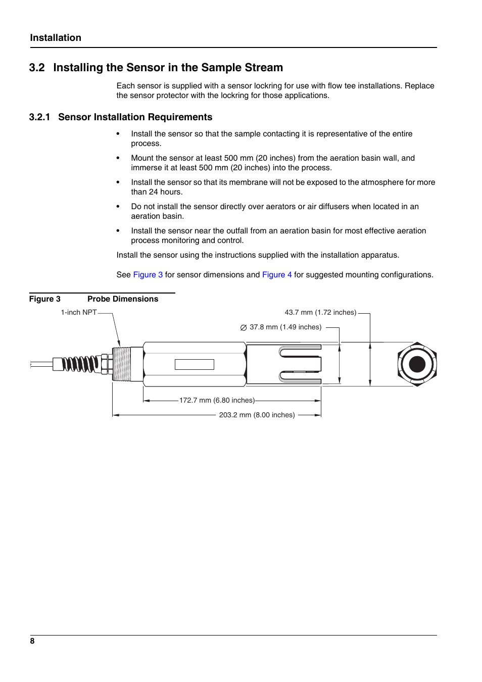 2 installing the sensor in the sample stream, Installation, 1 sensor installation requirements | Hach-Lange 5740 sc User Manual | Page 12 / 36