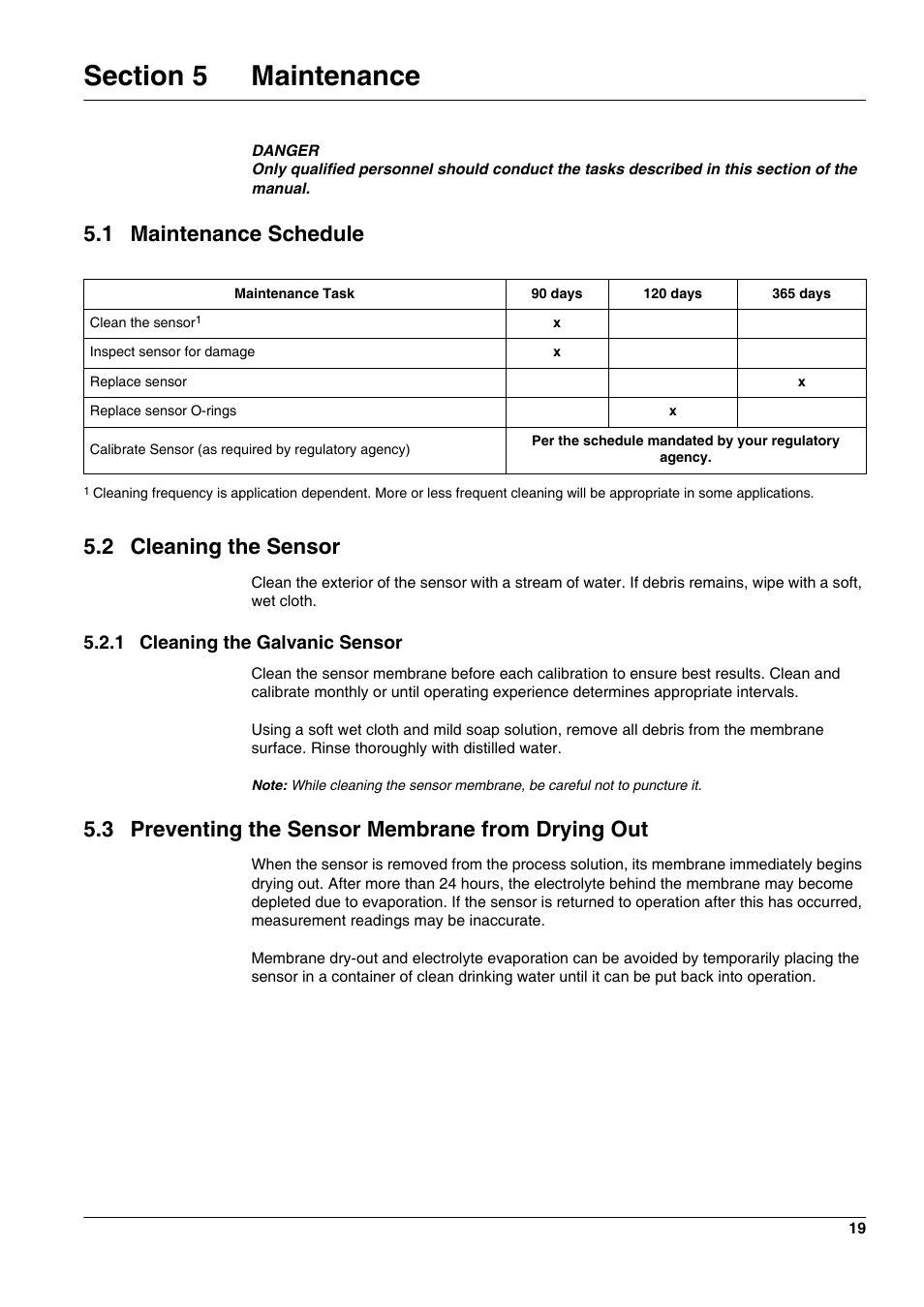1 maintenance schedule 5.2 cleaning the sensor, 3 preventing the sensor membrane from drying out | Hach-Lange 5740 sc User Manual | Page 23 / 36