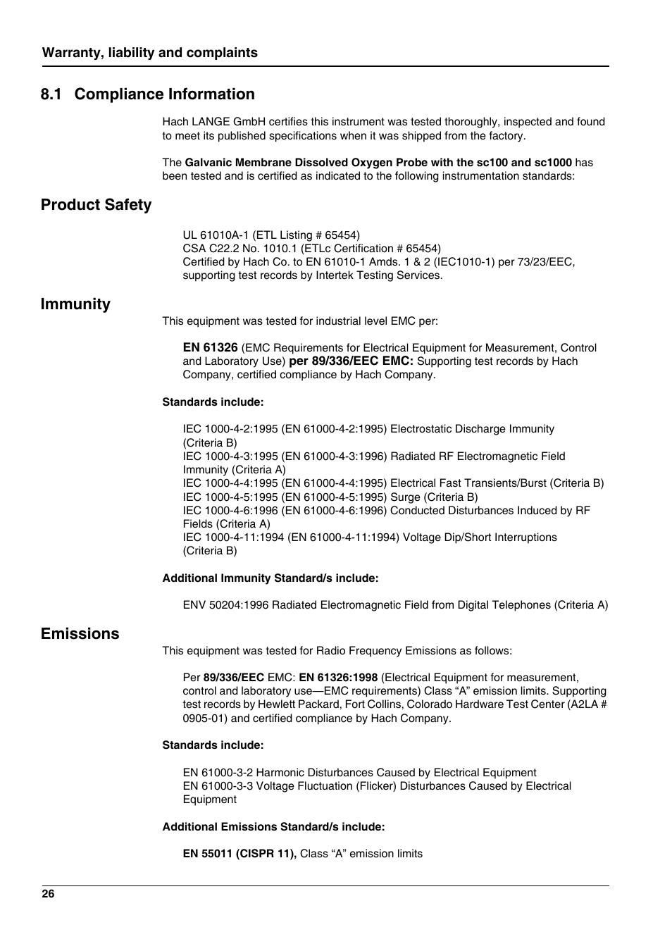 1 compliance information, Product safety, Immunity | Emissions | Hach-Lange 5740 sc User Manual | Page 30 / 36