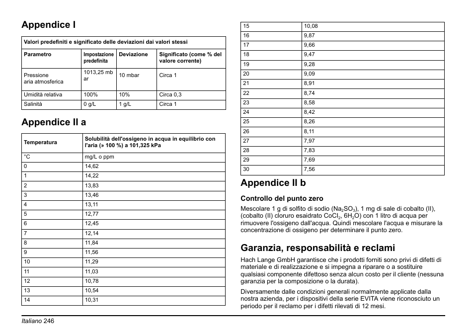Appendice i appendice ii a appendice ii b, Garanzia, responsabilità e reclami | Hach-Lange EVITA OXY Basic User Manual User Manual | Page 246 / 375