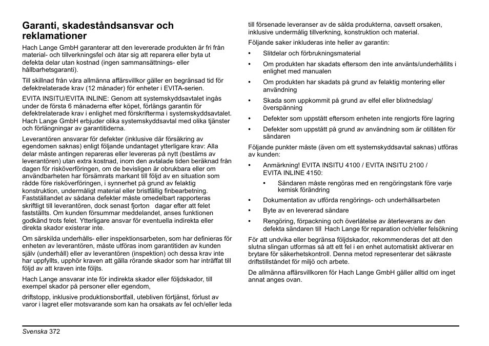 Garanti, skadeståndsansvar och reklamationer | Hach-Lange EVITA OXY Basic User Manual User Manual | Page 372 / 375