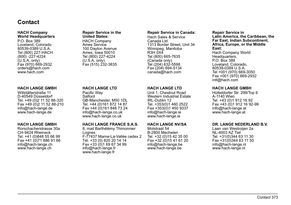 Contact | Hach-Lange EVITA OXY Basic User Manual User Manual | Page 373 / 375