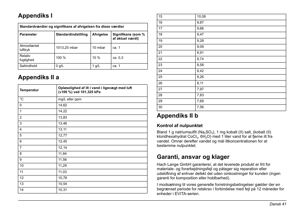 Appendiks i appendiks ii a appendiks ii b, Garanti, ansvar og klager | Hach-Lange EVITA OXY Basic User Manual User Manual | Page 41 / 375