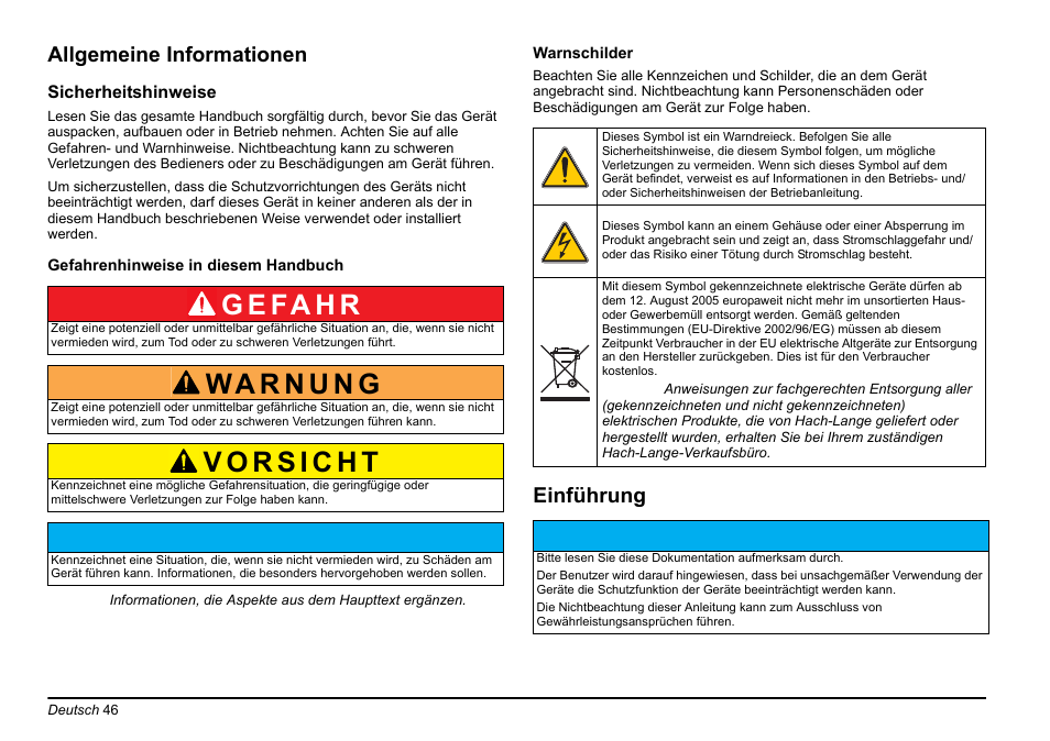 G e fa h r, Allgemeine informationen, Einführung | Hach-Lange EVITA OXY Basic User Manual User Manual | Page 46 / 375