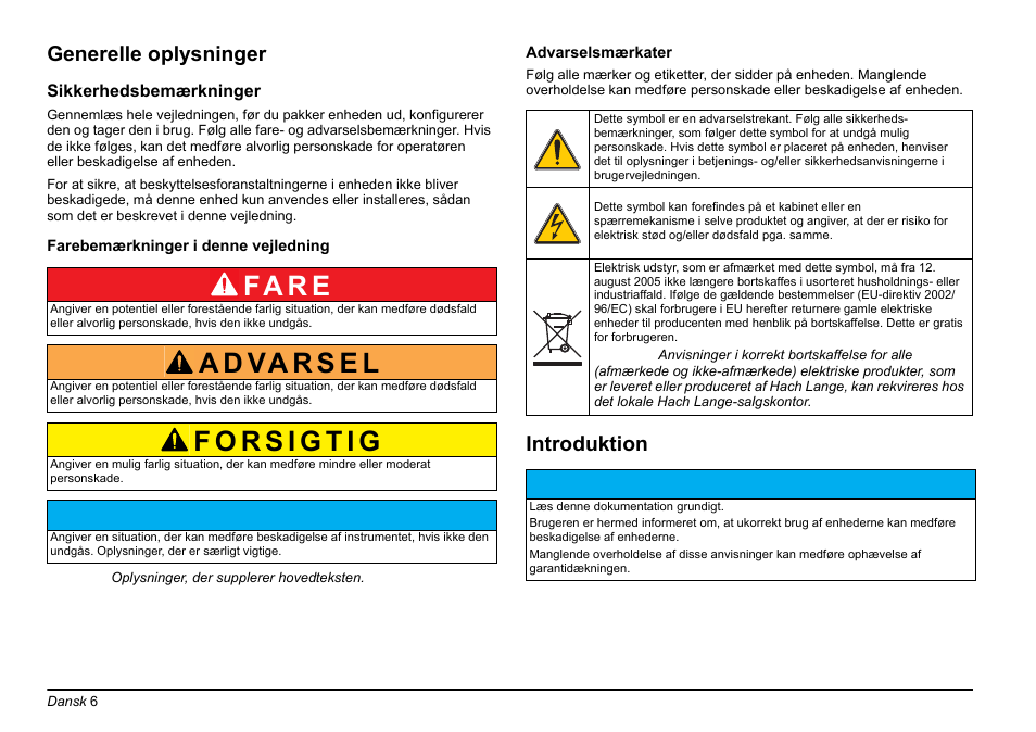 Fa r e, Generelle oplysninger, Introduktion | Hach-Lange EVITA OXY Basic User Manual User Manual | Page 6 / 375