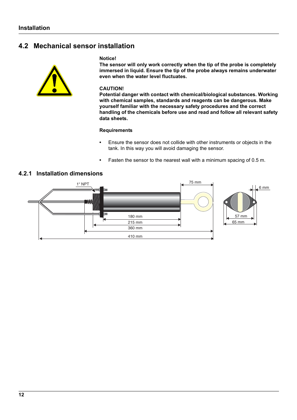 2 mechanical sensor installation, 1 installation dimensions, Installation | Hach-Lange 3798-S sc User Manual | Page 14 / 32