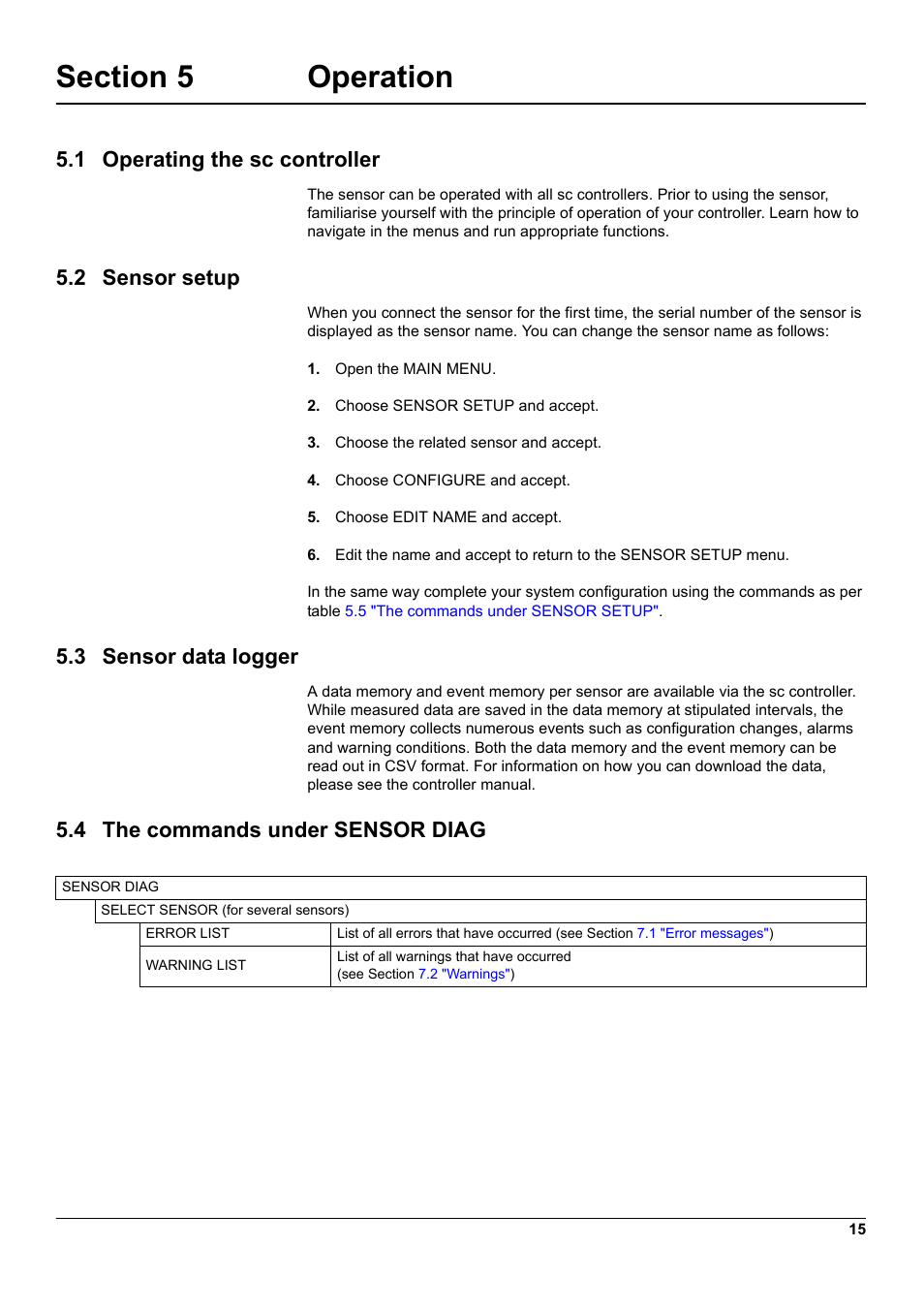 Section 5 operation, 1 operating the sc controller, 2 sensor setup | 3 sensor data logger, 4 the commands under sensor diag | Hach-Lange 3798-S sc User Manual | Page 17 / 32