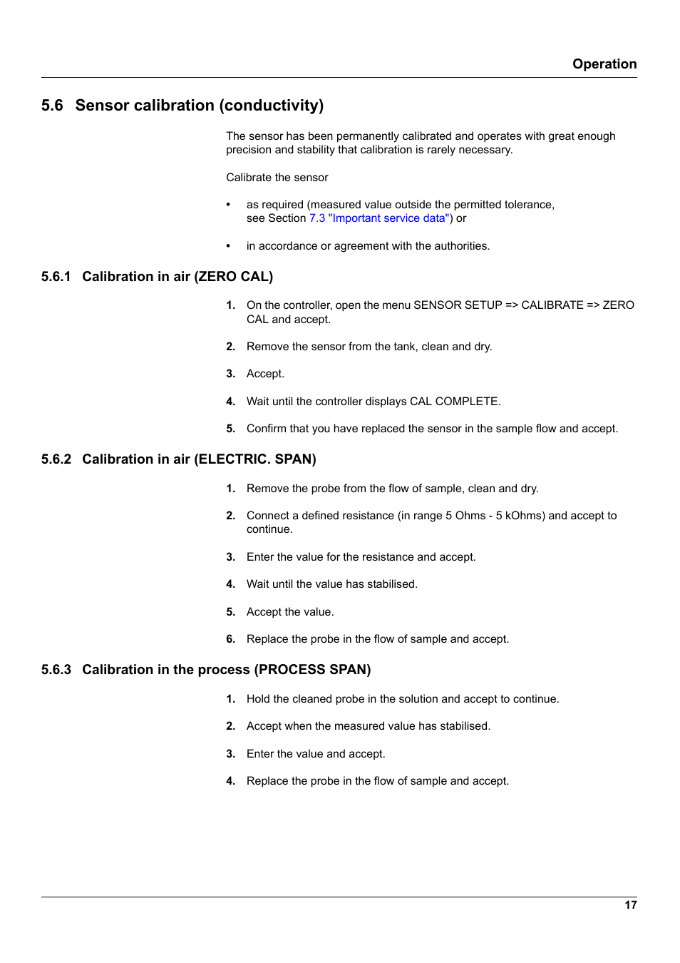 6 sensor calibration (conductivity), 1 calibration in air (zero cal), 2 calibration in air (electric. span) | 3 calibration in the process (process span), 1 "calibration in air (zero cal), 2 "calibration in air (electric. span), 3 "calibration in the process (process span) | Hach-Lange 3798-S sc User Manual | Page 19 / 32