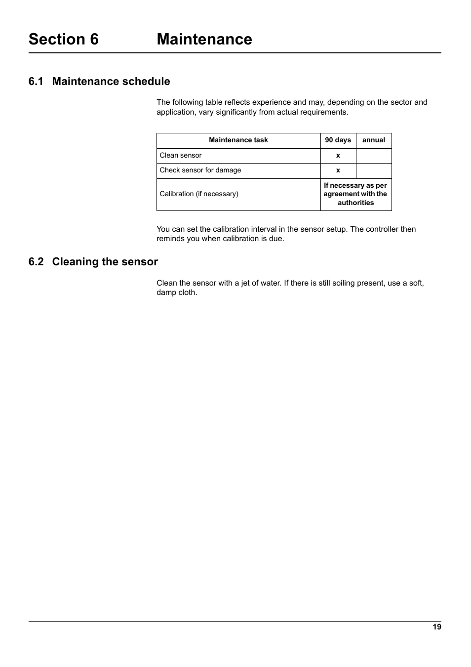 Section 6 maintenance, 1 maintenance schedule, 2 cleaning the sensor | 1 maintenance schedule 6.2 cleaning the sensor | Hach-Lange 3798-S sc User Manual | Page 21 / 32