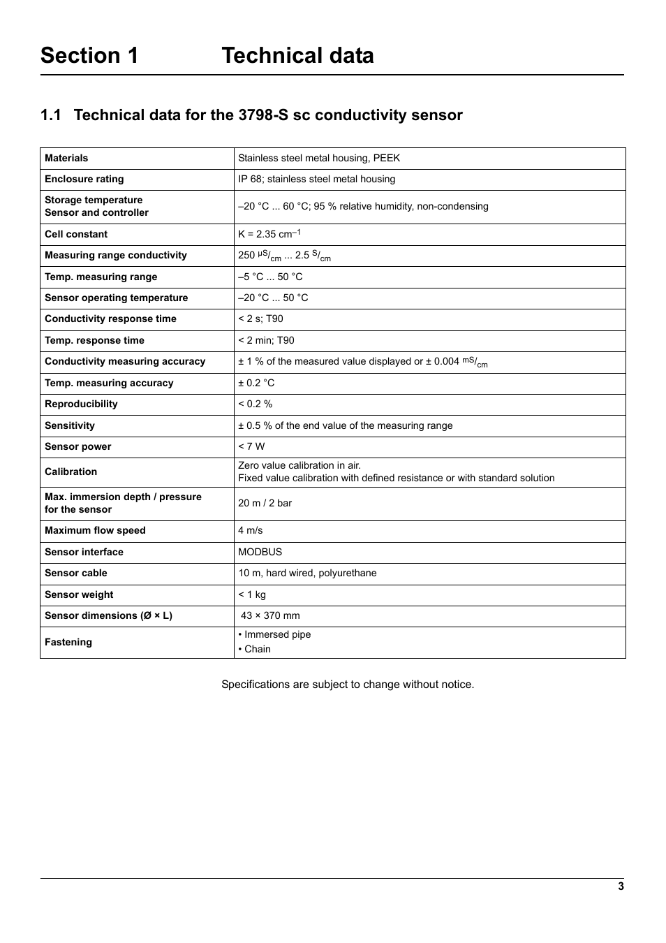 Section 1 technical data | Hach-Lange 3798-S sc User Manual | Page 5 / 32