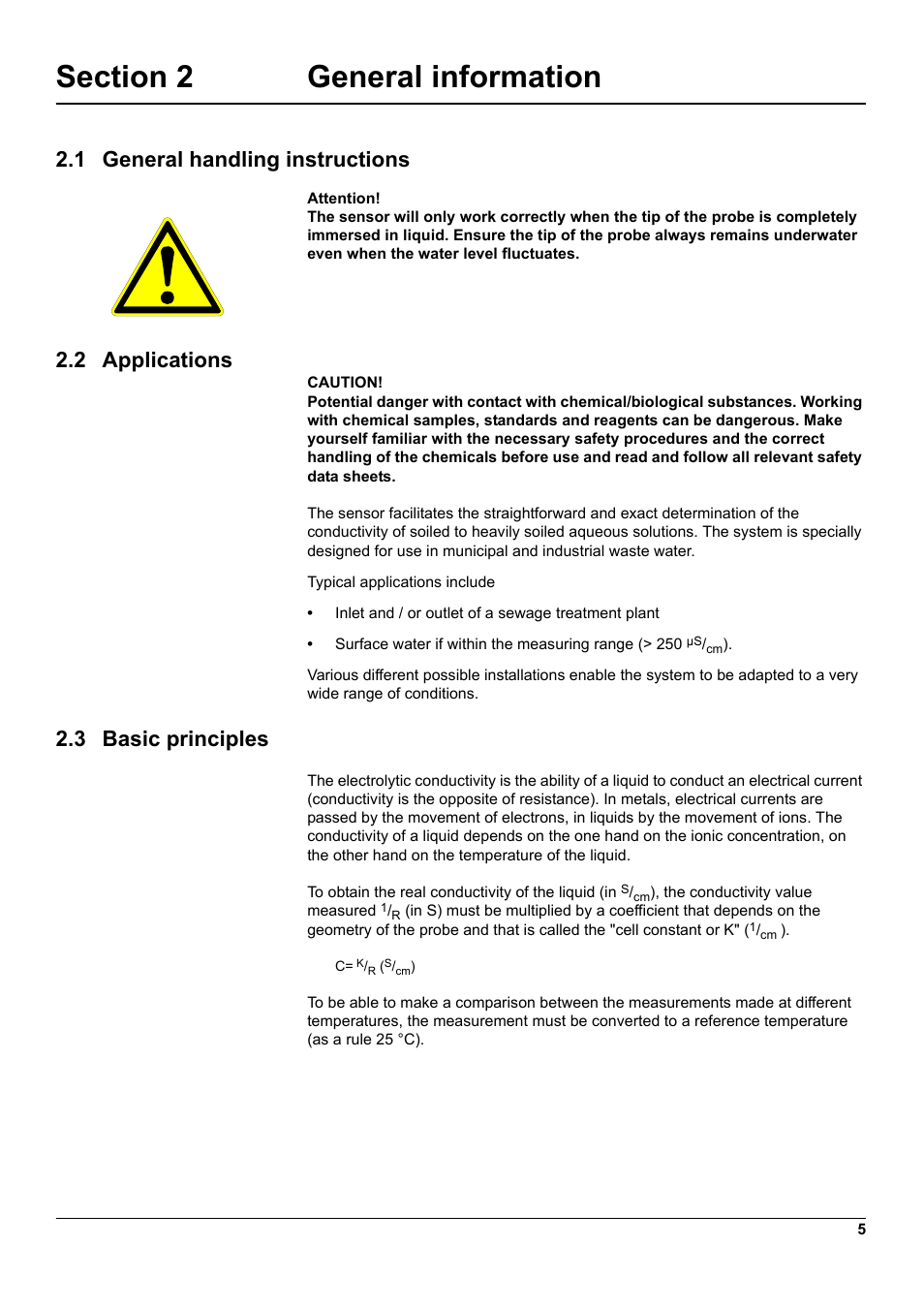 Section 2 general information, 1 general handling instructions, 2 applications | 3 basic principles | Hach-Lange 3798-S sc User Manual | Page 7 / 32