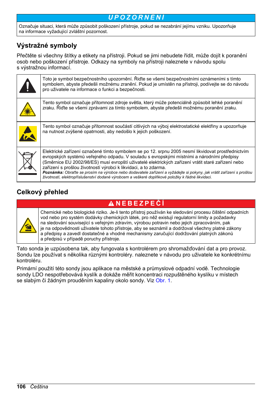 Výstražné symboly, Celkový přehled | Hach-Lange LDO Sensor User Manual | Page 106 / 394