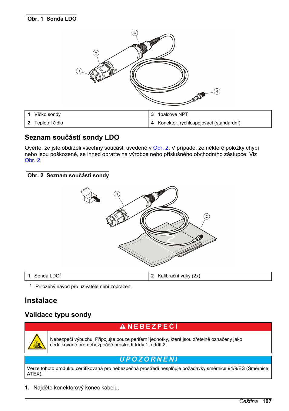 Seznam součástí sondy ldo, Instalace, Validace typu sondy | Na straně 107 | Hach-Lange LDO Sensor User Manual | Page 107 / 394