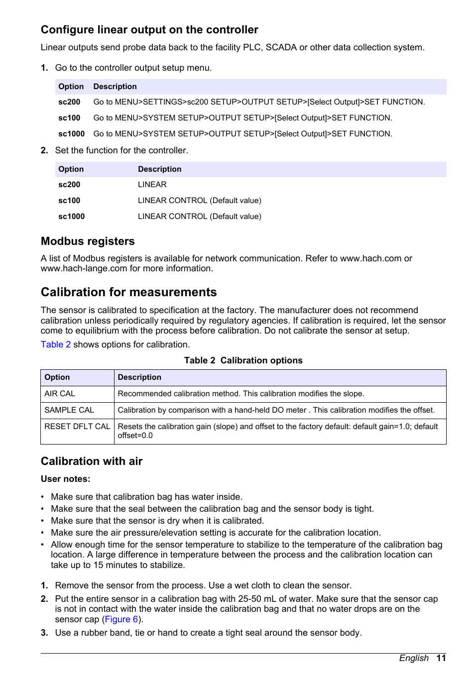 Configure linear output on the controller, Modbus registers, Calibration for measurements | Calibration with air | Hach-Lange LDO Sensor User Manual | Page 11 / 394