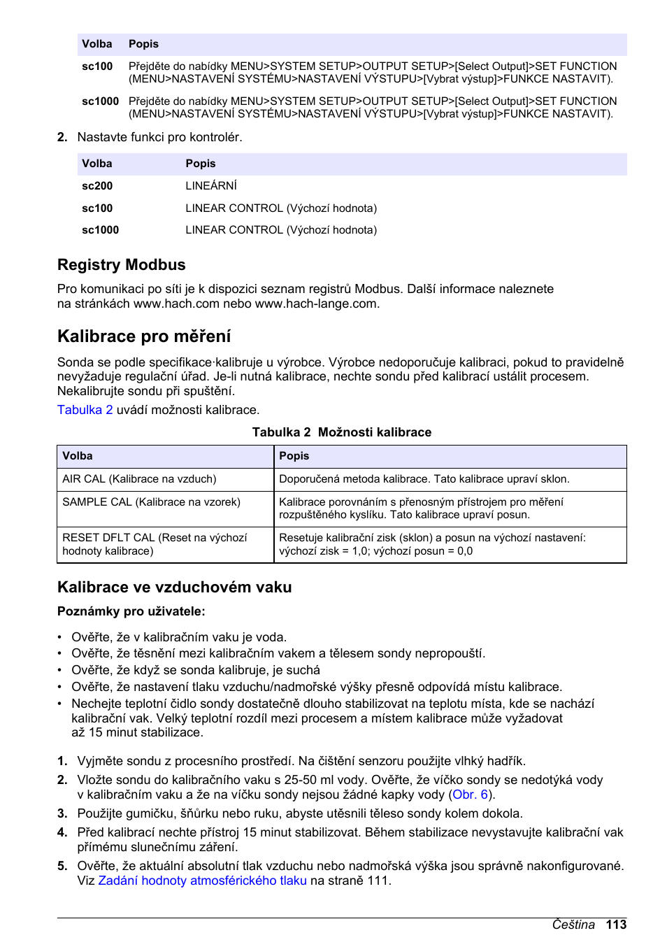 Registry modbus, Kalibrace pro měření, Kalibrace ve vzduchovém vaku | Na straně 113 | Hach-Lange LDO Sensor User Manual | Page 113 / 394