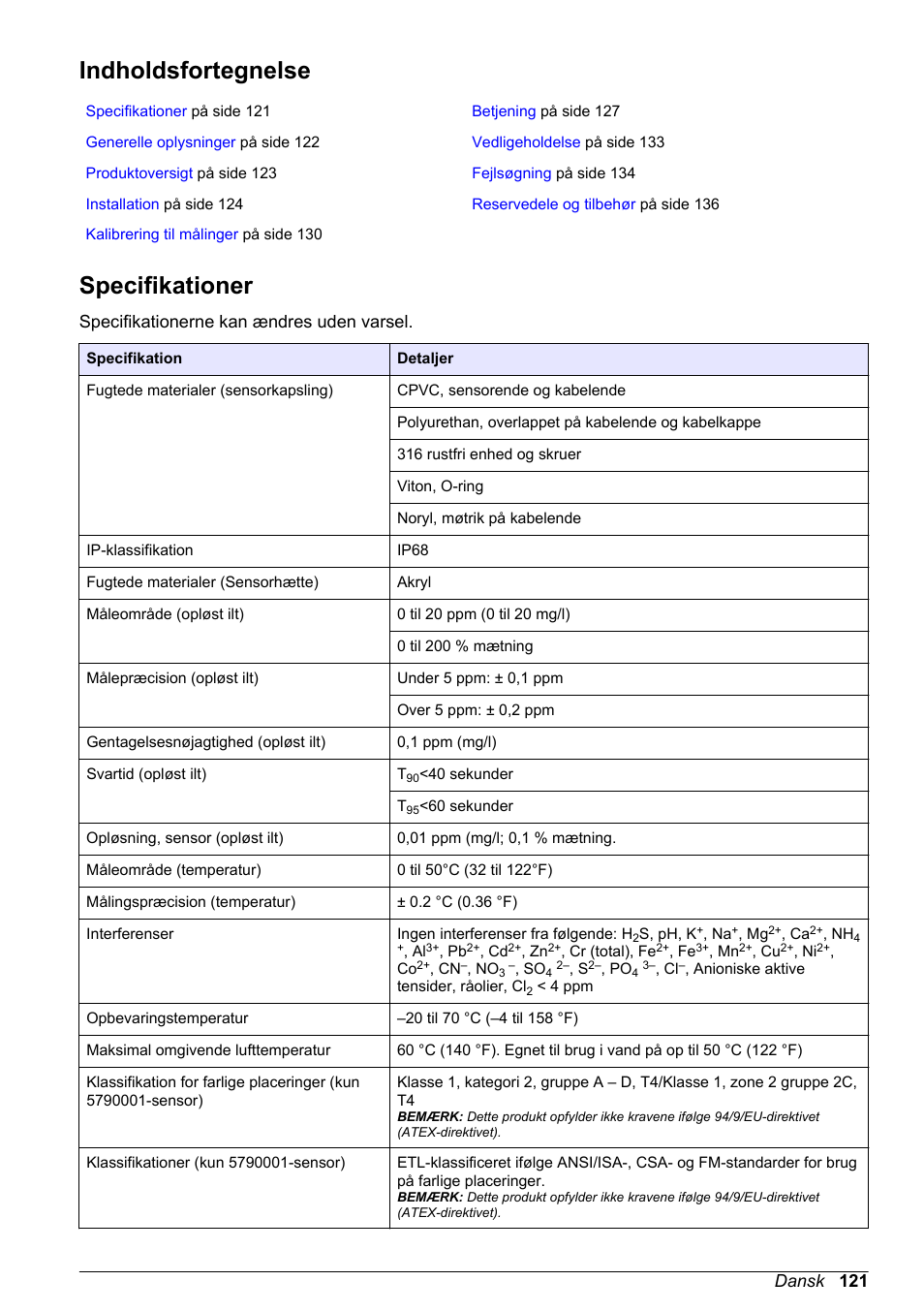 Brugermanual, Indholdsfortegnelse, Specifikationer | Dansk, Specifikationerne kan ændres uden varsel, Dansk 121 | Hach-Lange LDO Sensor User Manual | Page 121 / 394