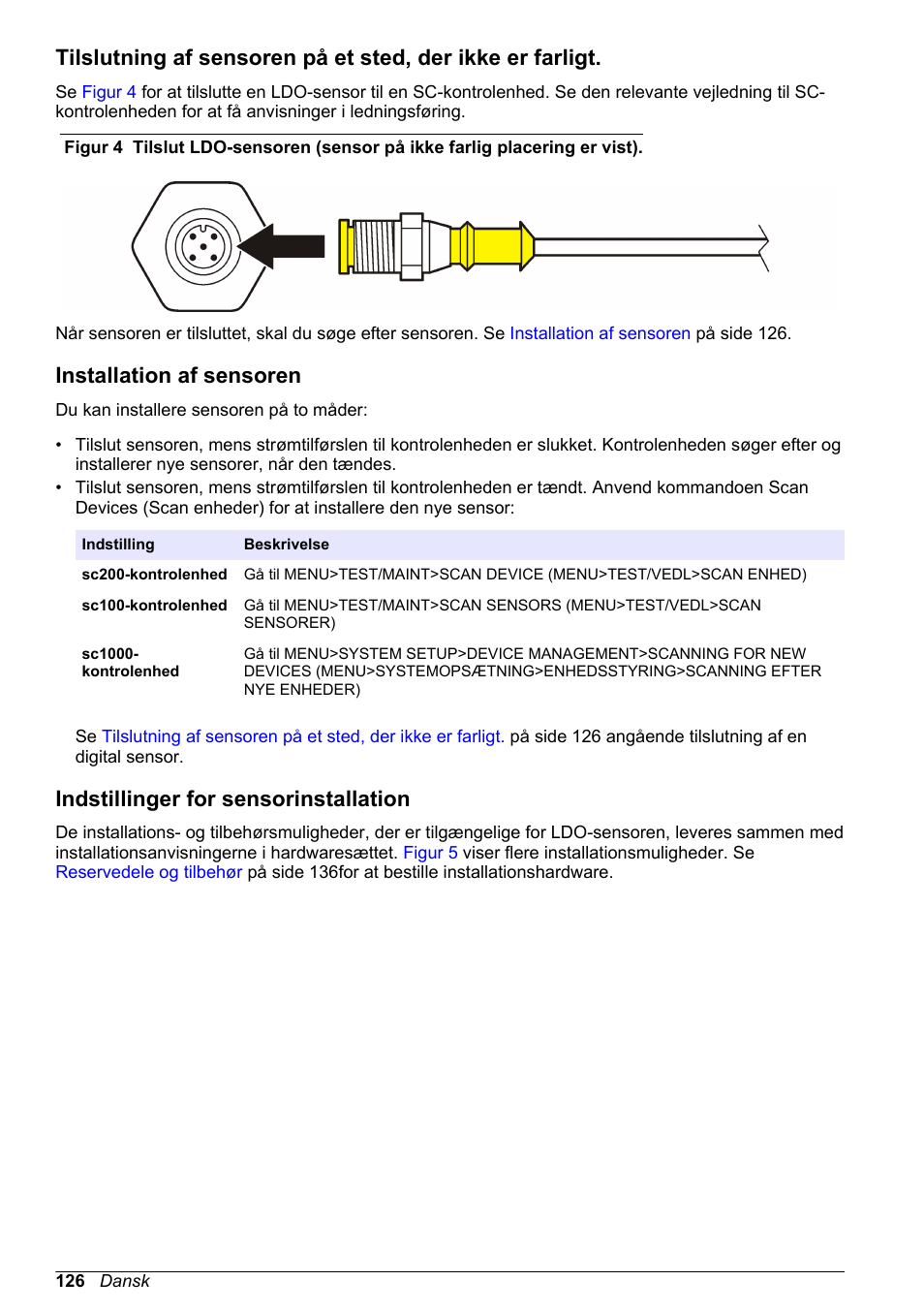 Installation af sensoren, Indstillinger for sensorinstallation | Hach-Lange LDO Sensor User Manual | Page 126 / 394