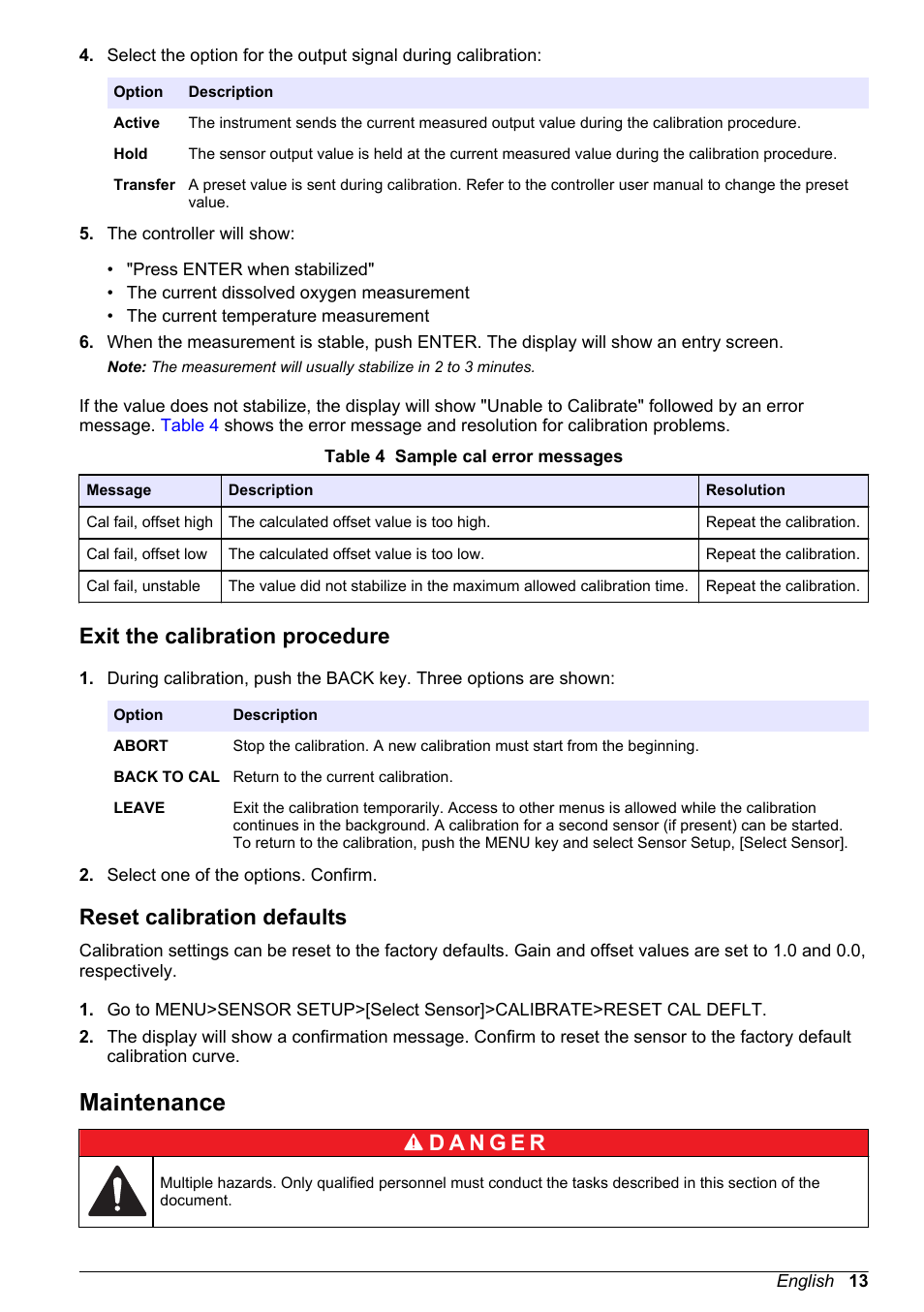 Exit the calibration procedure, Reset calibration defaults, Maintenance | Hach-Lange LDO Sensor User Manual | Page 13 / 394