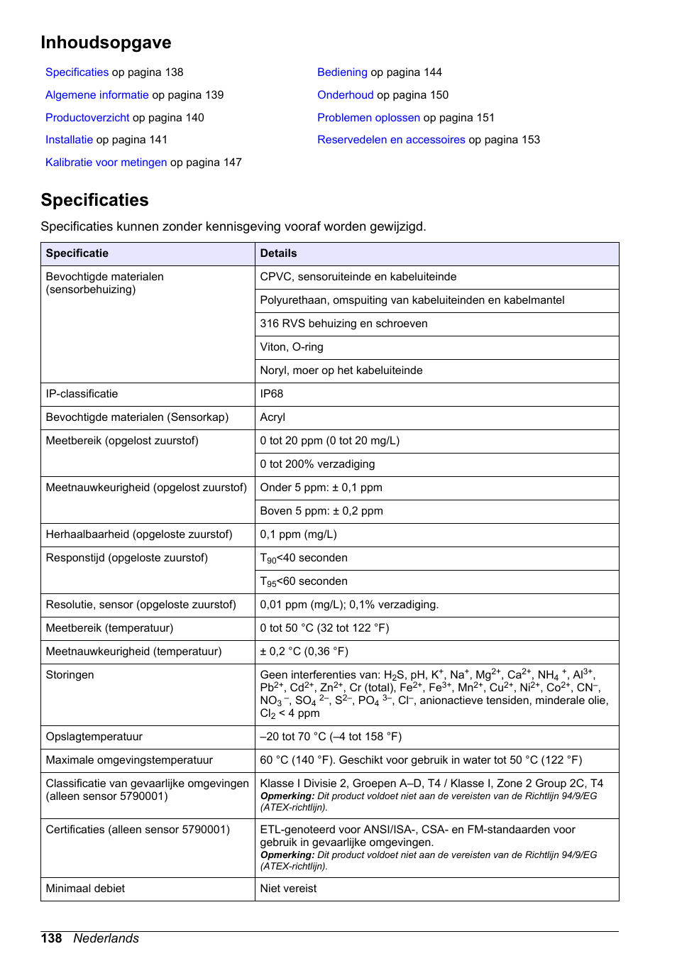 Gebruikershandleiding, Inhoudsopgave, Specificaties | Nederlands, 138 nederlands | Hach-Lange LDO Sensor User Manual | Page 138 / 394