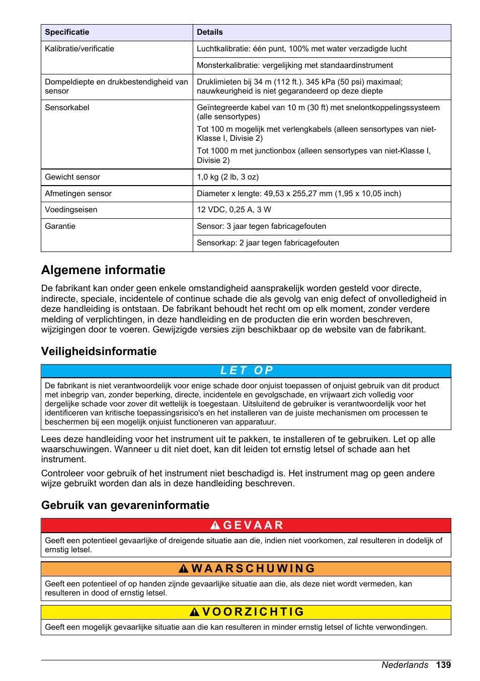 Algemene informatie, Veiligheidsinformatie, Gebruik van gevareninformatie | Hach-Lange LDO Sensor User Manual | Page 139 / 394