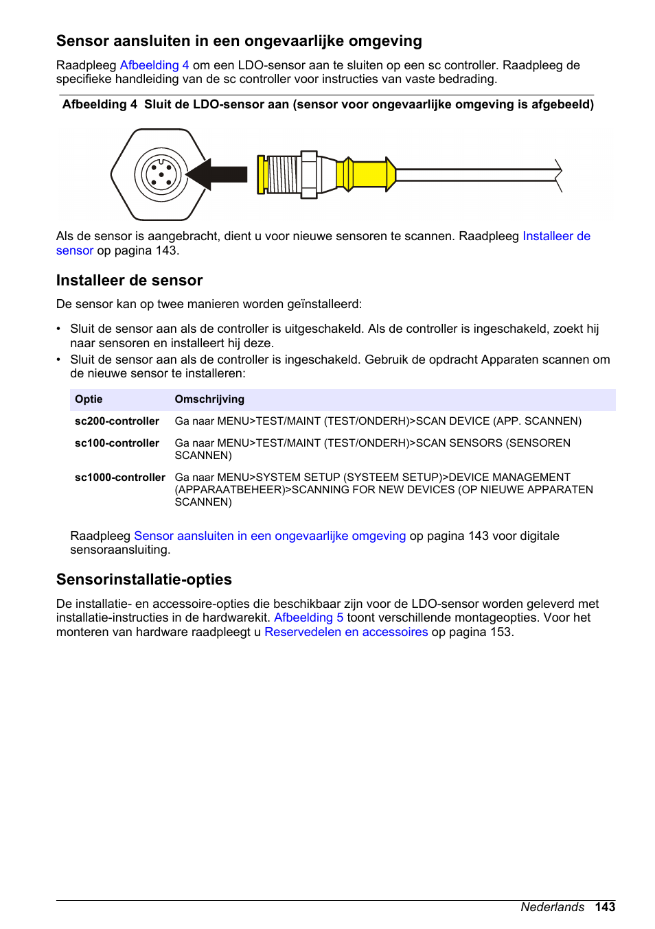 Sensor aansluiten in een ongevaarlijke omgeving, Installeer de sensor, Sensorinstallatie-opties | Hach-Lange LDO Sensor User Manual | Page 143 / 394