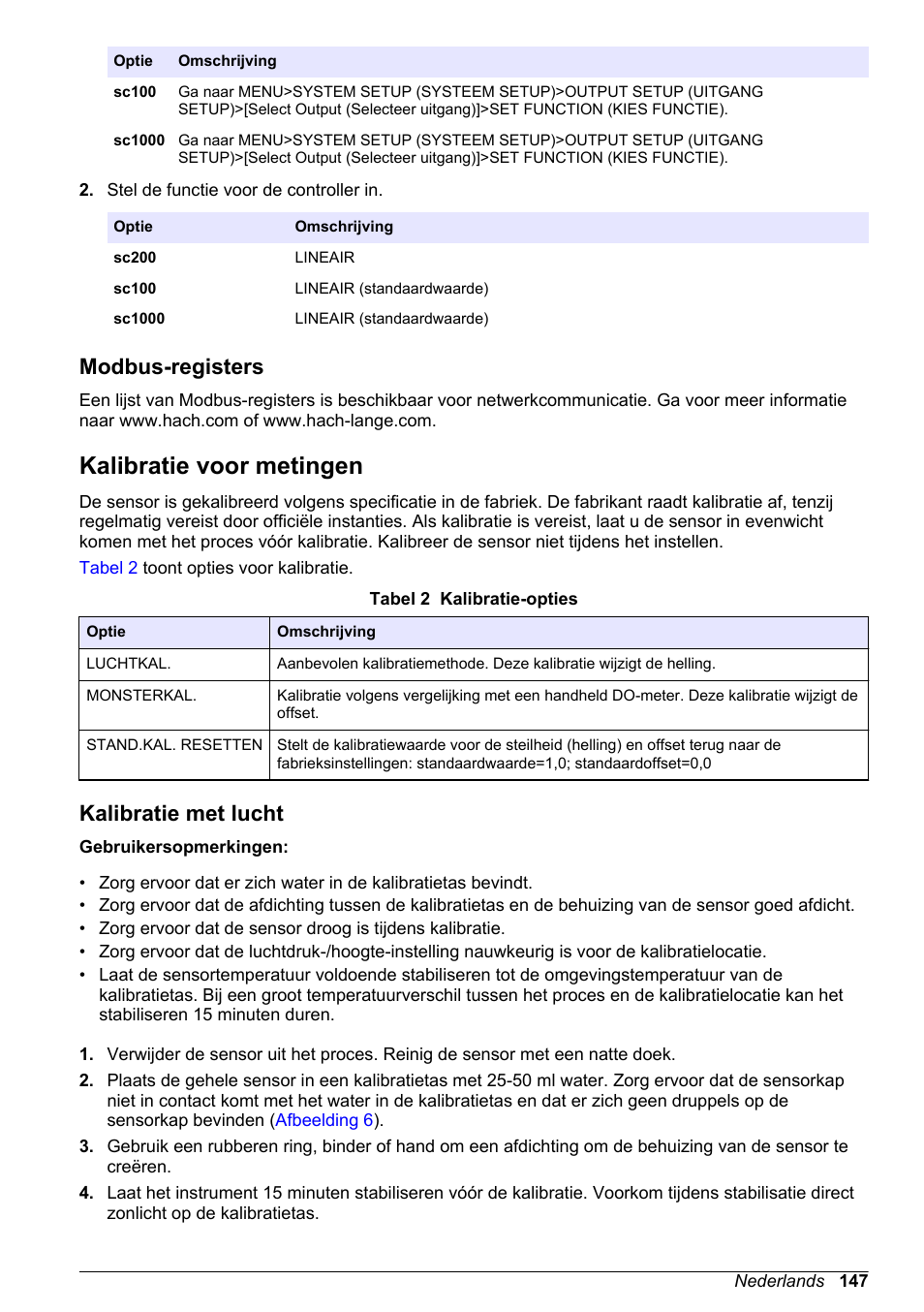 Modbus-registers, Kalibratie voor metingen, Kalibratie met lucht | Hach-Lange LDO Sensor User Manual | Page 147 / 394