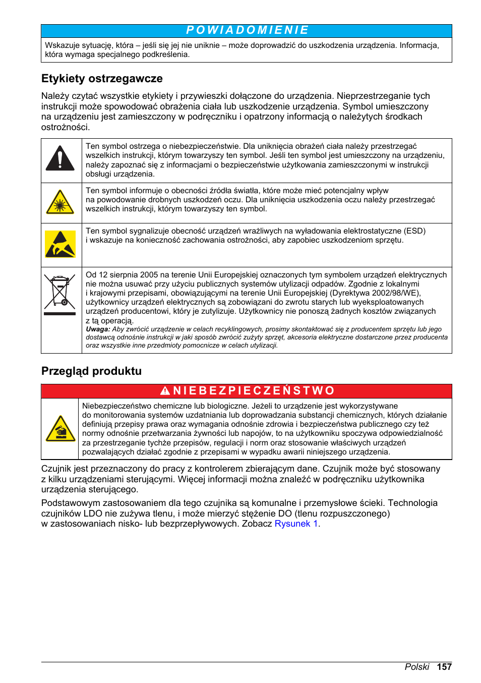 Etykiety ostrzegawcze, Przegląd produktu, Na stronie 157 | Hach-Lange LDO Sensor User Manual | Page 157 / 394