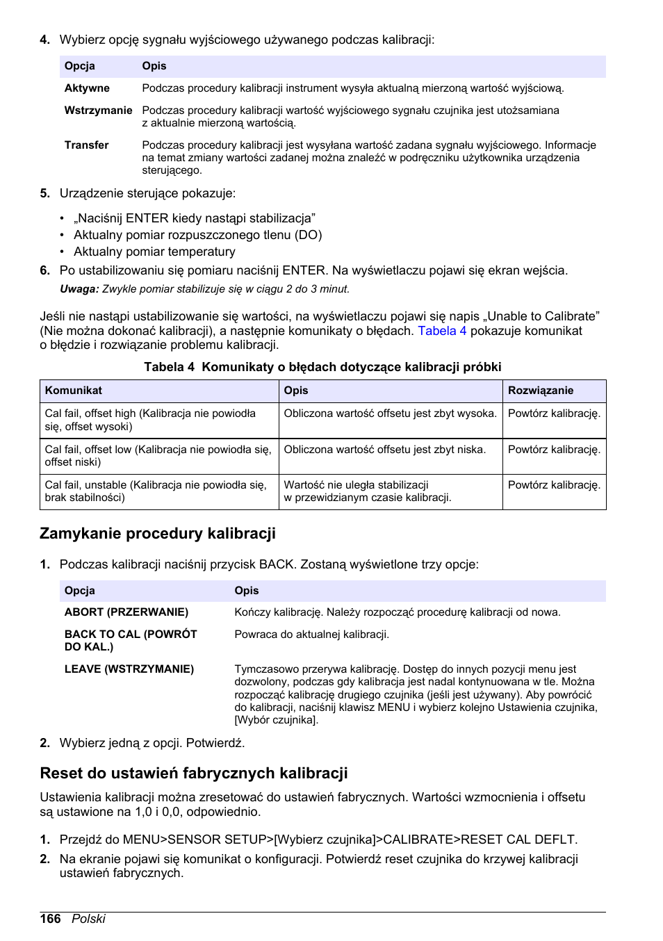 Zamykanie procedury kalibracji, Reset do ustawień fabrycznych kalibracji | Hach-Lange LDO Sensor User Manual | Page 166 / 394