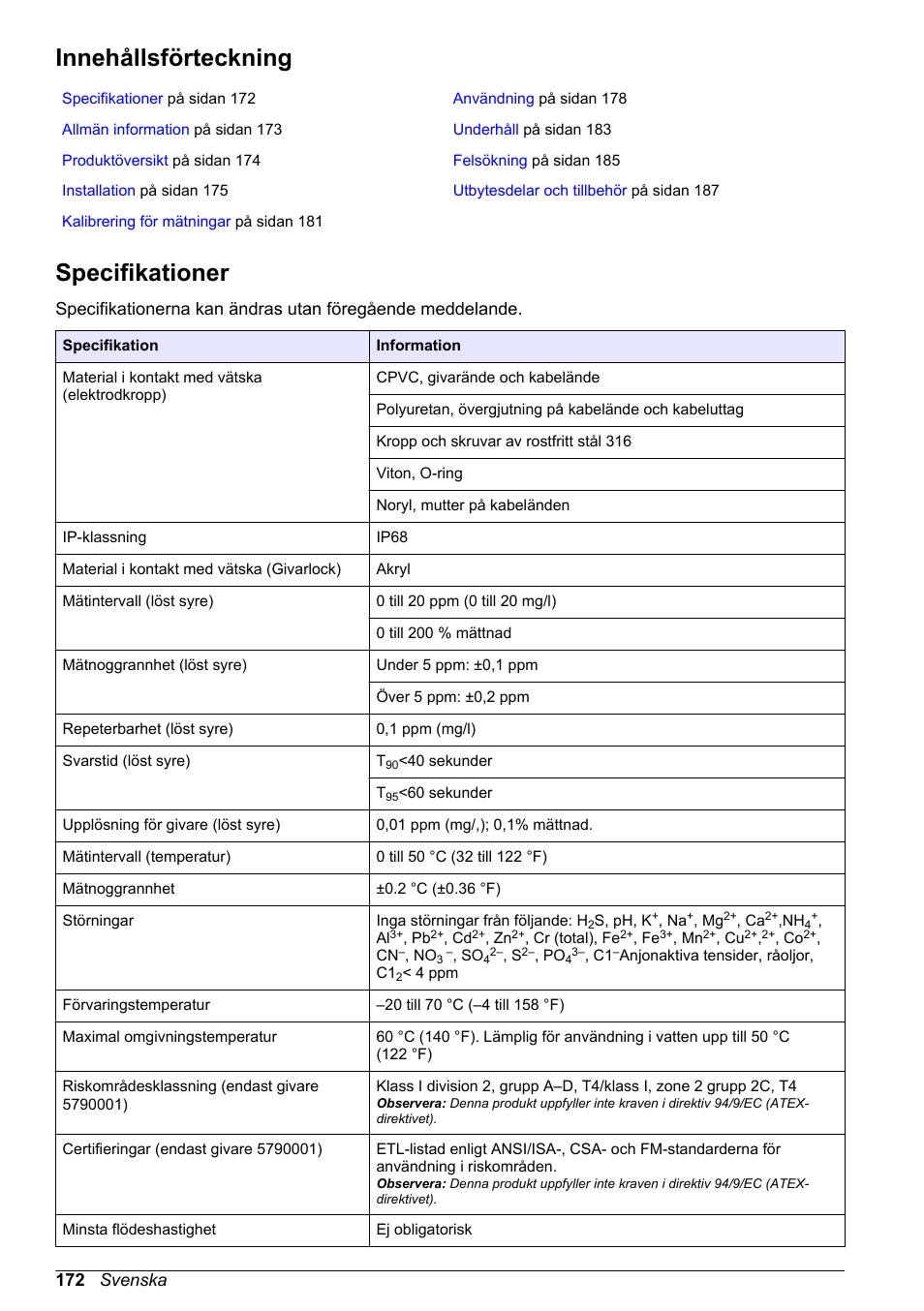Bruksanvisning, Innehållsförteckning, Specifikationer | Svenska, 172 svenska | Hach-Lange LDO Sensor User Manual | Page 172 / 394