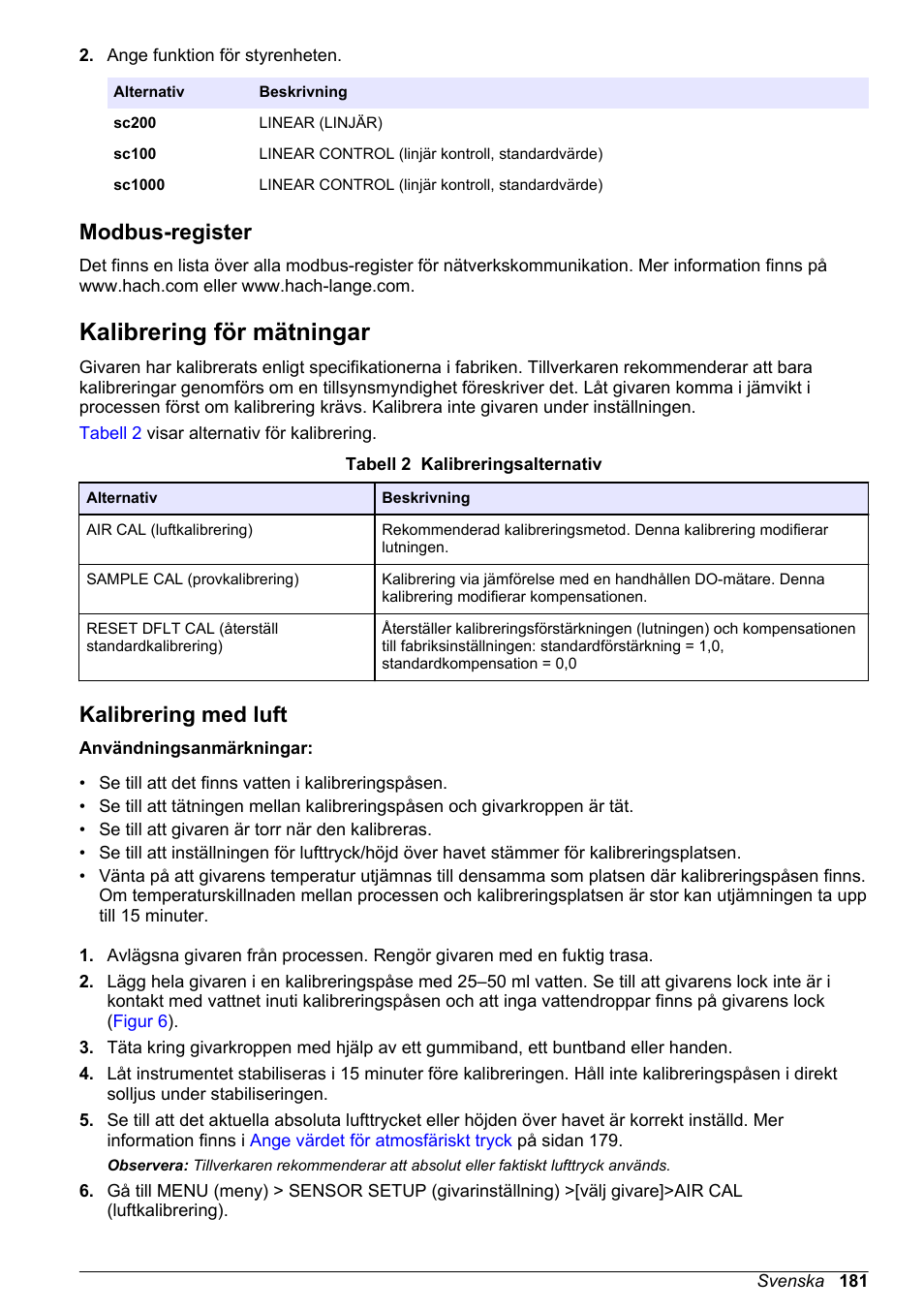 Modbus-register, Kalibrering för mätningar, Kalibrering med luft | Hach-Lange LDO Sensor User Manual | Page 181 / 394