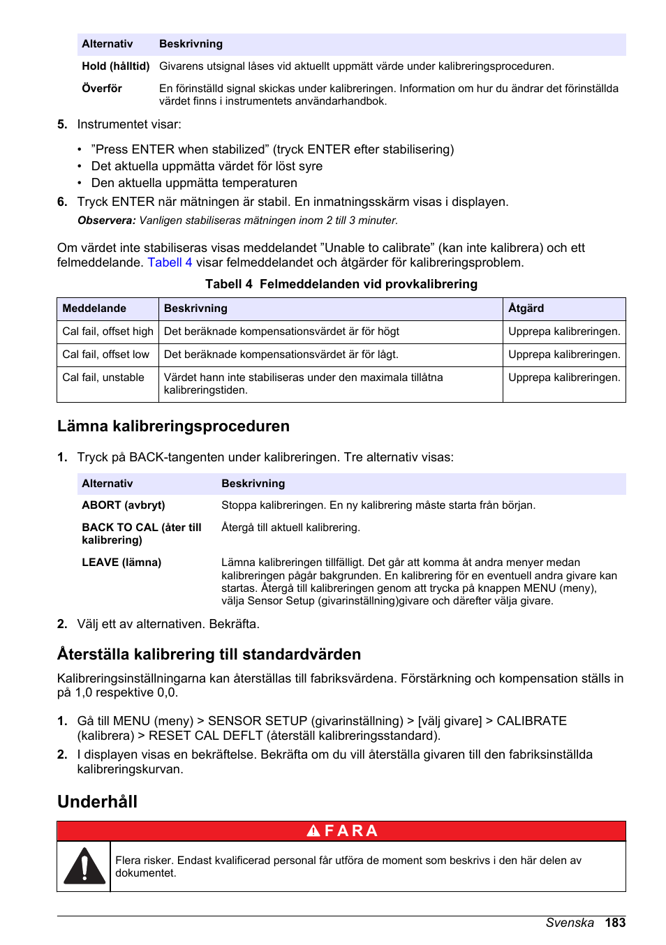Lämna kalibreringsproceduren, Återställa kalibrering till standardvärden, Underhåll | F a r a | Hach-Lange LDO Sensor User Manual | Page 183 / 394