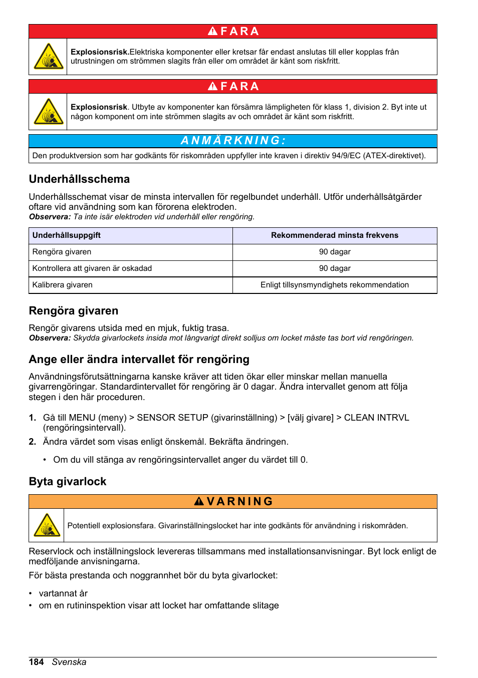 Underhållsschema, Rengöra givaren, Ange eller ändra intervallet för rengöring | Byta givarlock, F a r a | Hach-Lange LDO Sensor User Manual | Page 184 / 394