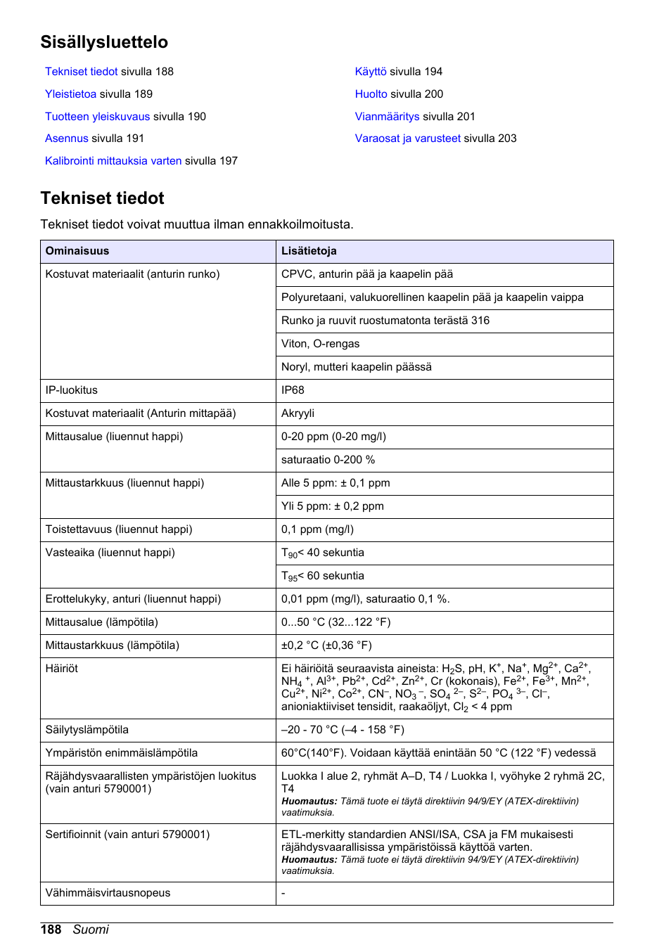 Käyttöohje, Sisällysluettelo, Tekniset tiedot | Suomi, 188 suomi | Hach-Lange LDO Sensor User Manual | Page 188 / 394