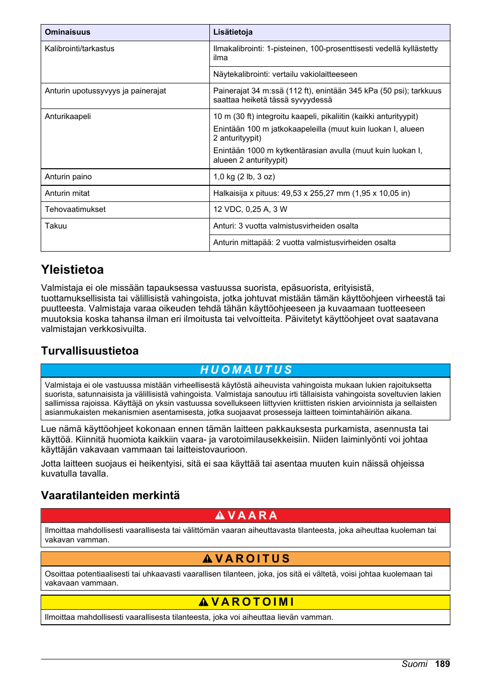 Yleistietoa, Turvallisuustietoa, Vaaratilanteiden merkintä | Hach-Lange LDO Sensor User Manual | Page 189 / 394