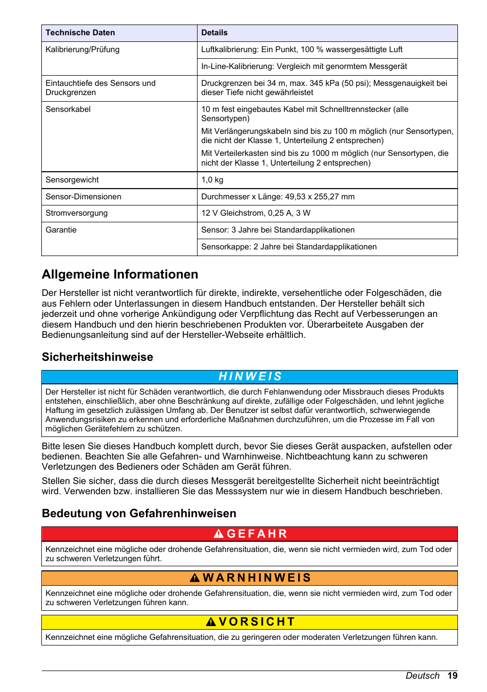 Allgemeine informationen, Sicherheitshinweise, Bedeutung von gefahrenhinweisen | Hach-Lange LDO Sensor User Manual | Page 19 / 394