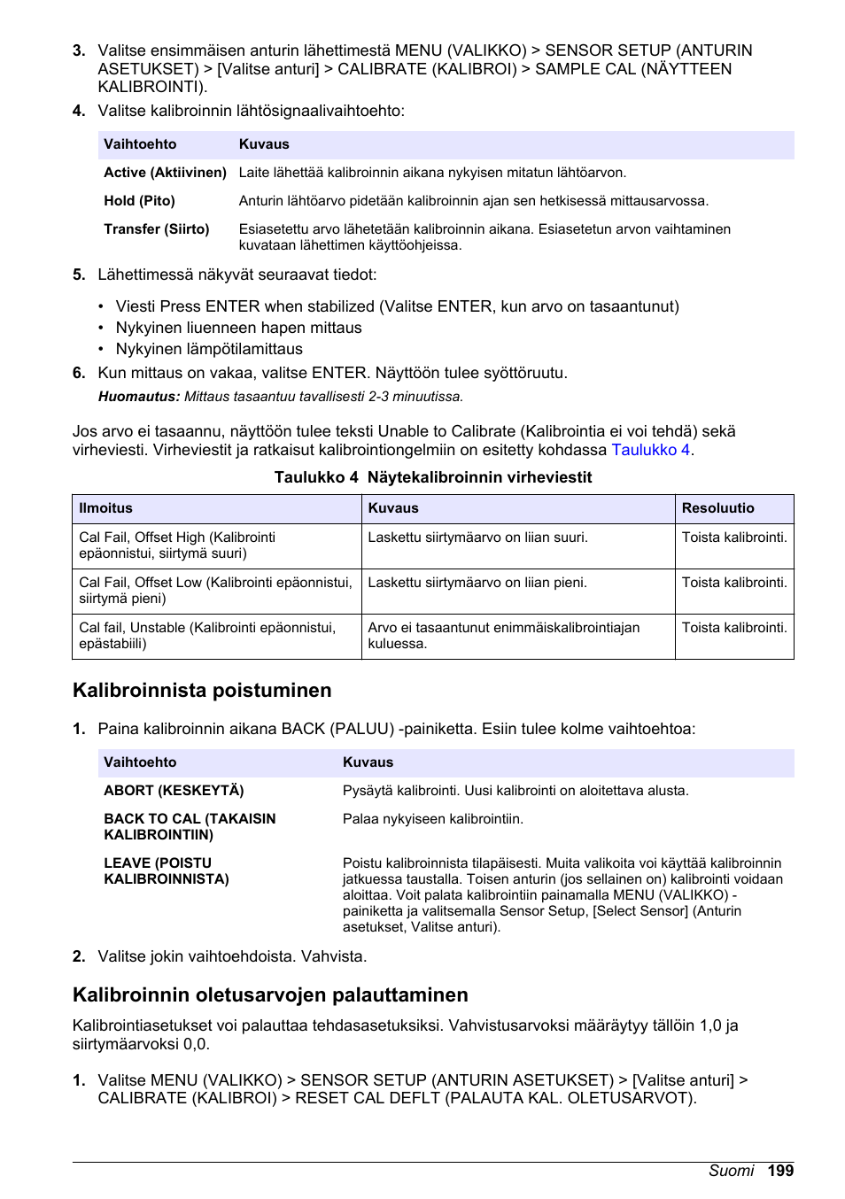 Kalibroinnista poistuminen, Kalibroinnin oletusarvojen palauttaminen | Hach-Lange LDO Sensor User Manual | Page 199 / 394
