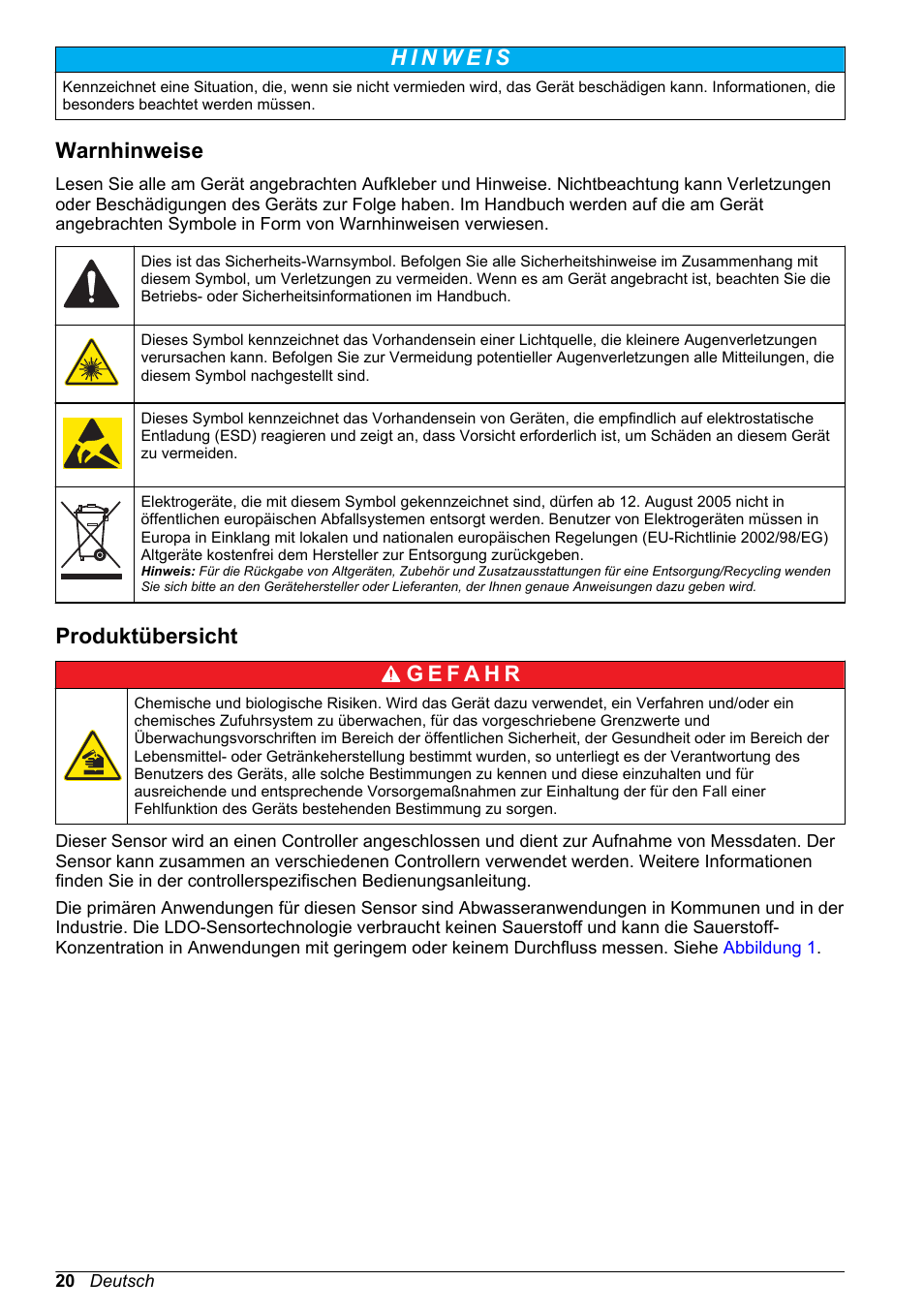 Warnhinweise, Produktübersicht | Hach-Lange LDO Sensor User Manual | Page 20 / 394