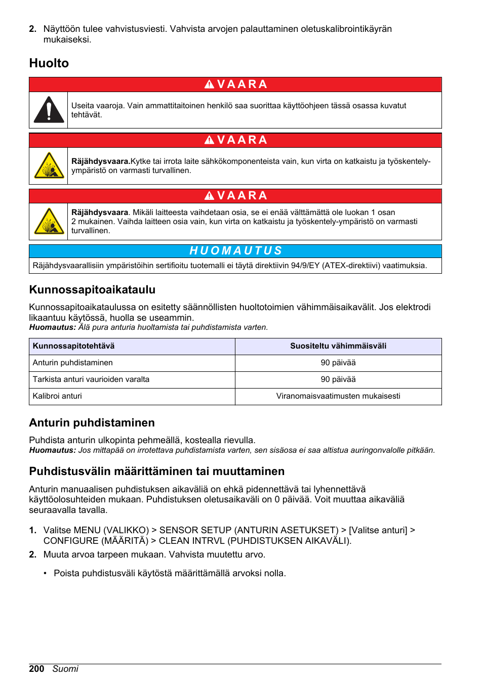 Huolto, Kunnossapitoaikataulu, Anturin puhdistaminen | Puhdistusvälin määrittäminen tai muuttaminen | Hach-Lange LDO Sensor User Manual | Page 200 / 394