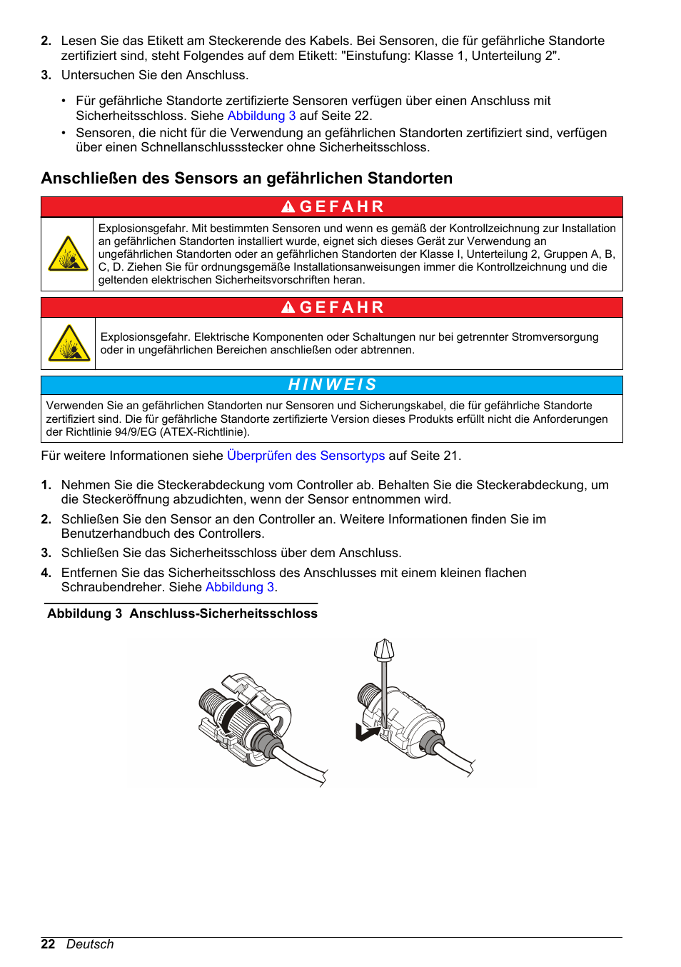Anschließen des sensors an gefährlichen standorten | Hach-Lange LDO Sensor User Manual | Page 22 / 394