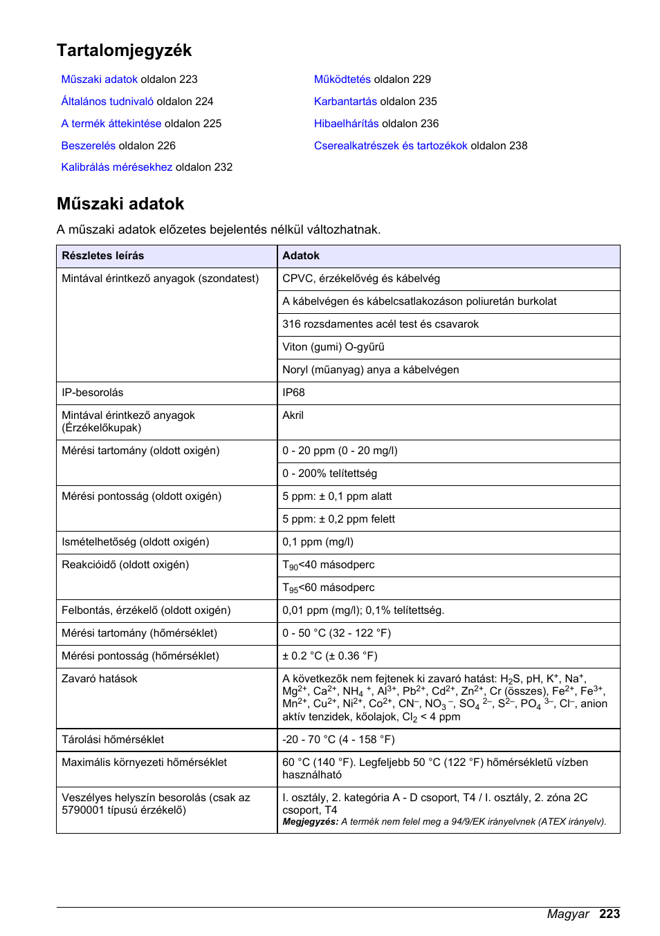 Felhasználói kézikönyv, Tartalomjegyzék, Műszaki adatok | Magyar, Magyar 223 | Hach-Lange LDO Sensor User Manual | Page 223 / 394