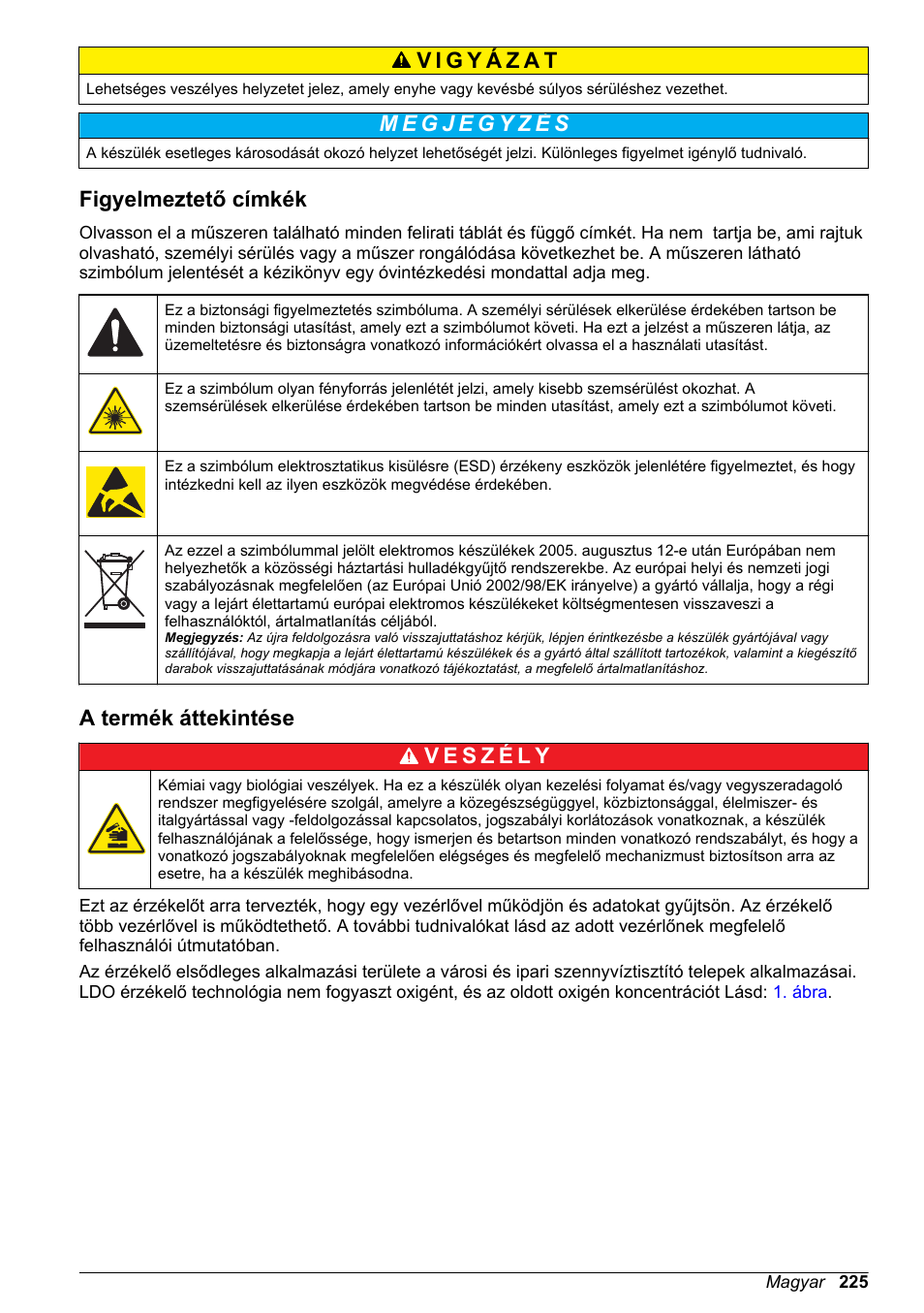 Figyelmeztető címkék, A termék áttekintése, Oldalon | Hach-Lange LDO Sensor User Manual | Page 225 / 394