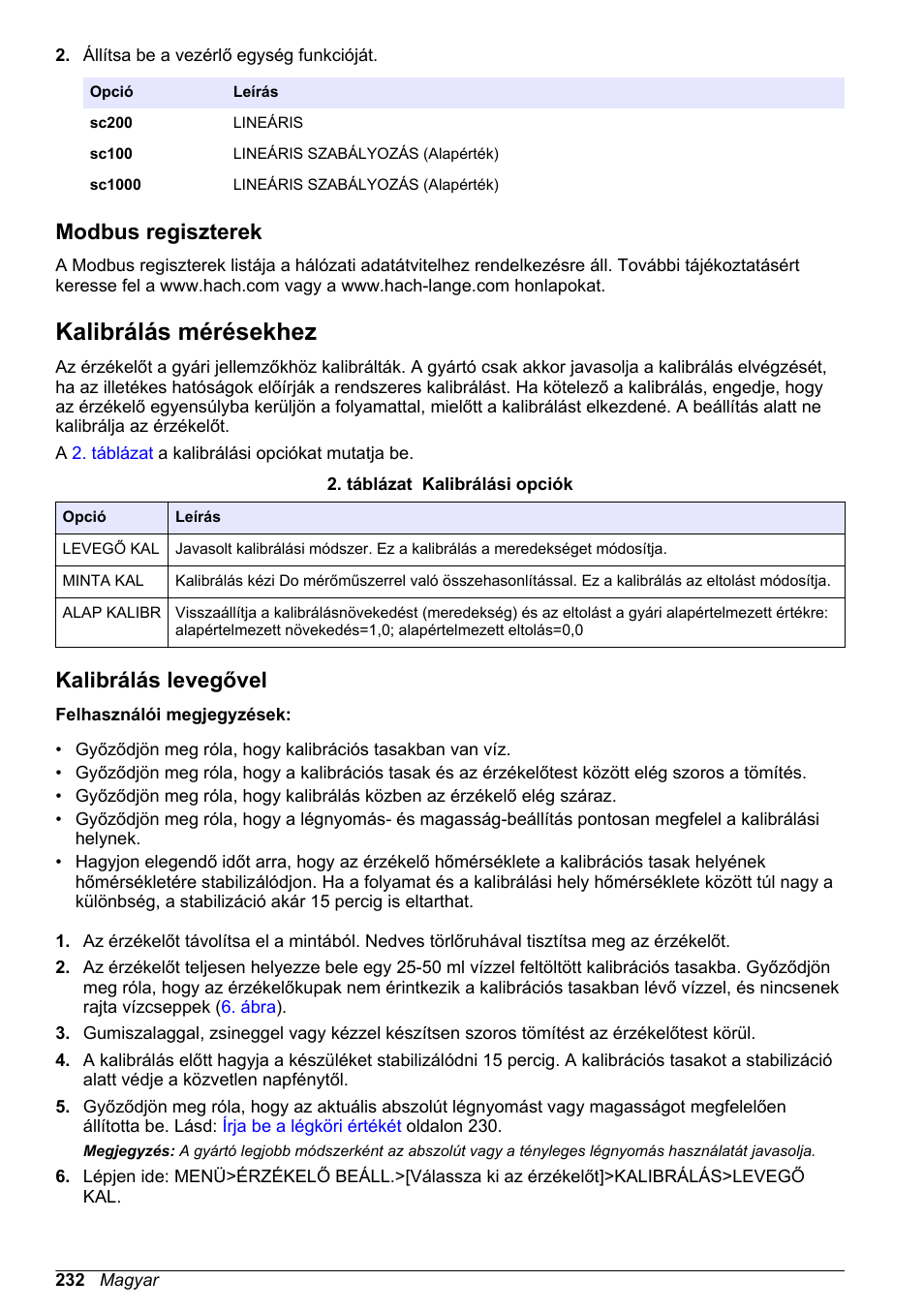 Modbus regiszterek, Kalibrálás mérésekhez, Kalibrálás levegővel | Kalibrálás, Levegővel | Hach-Lange LDO Sensor User Manual | Page 232 / 394
