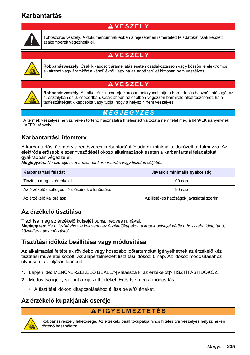 Karbantartás, Karbantartási ütemterv, Az érzékelő tisztítása | Tisztítási időköz beállítása vagy módosítása, Az érzékelő kupakjának cseréje, Oldalon | Hach-Lange LDO Sensor User Manual | Page 235 / 394