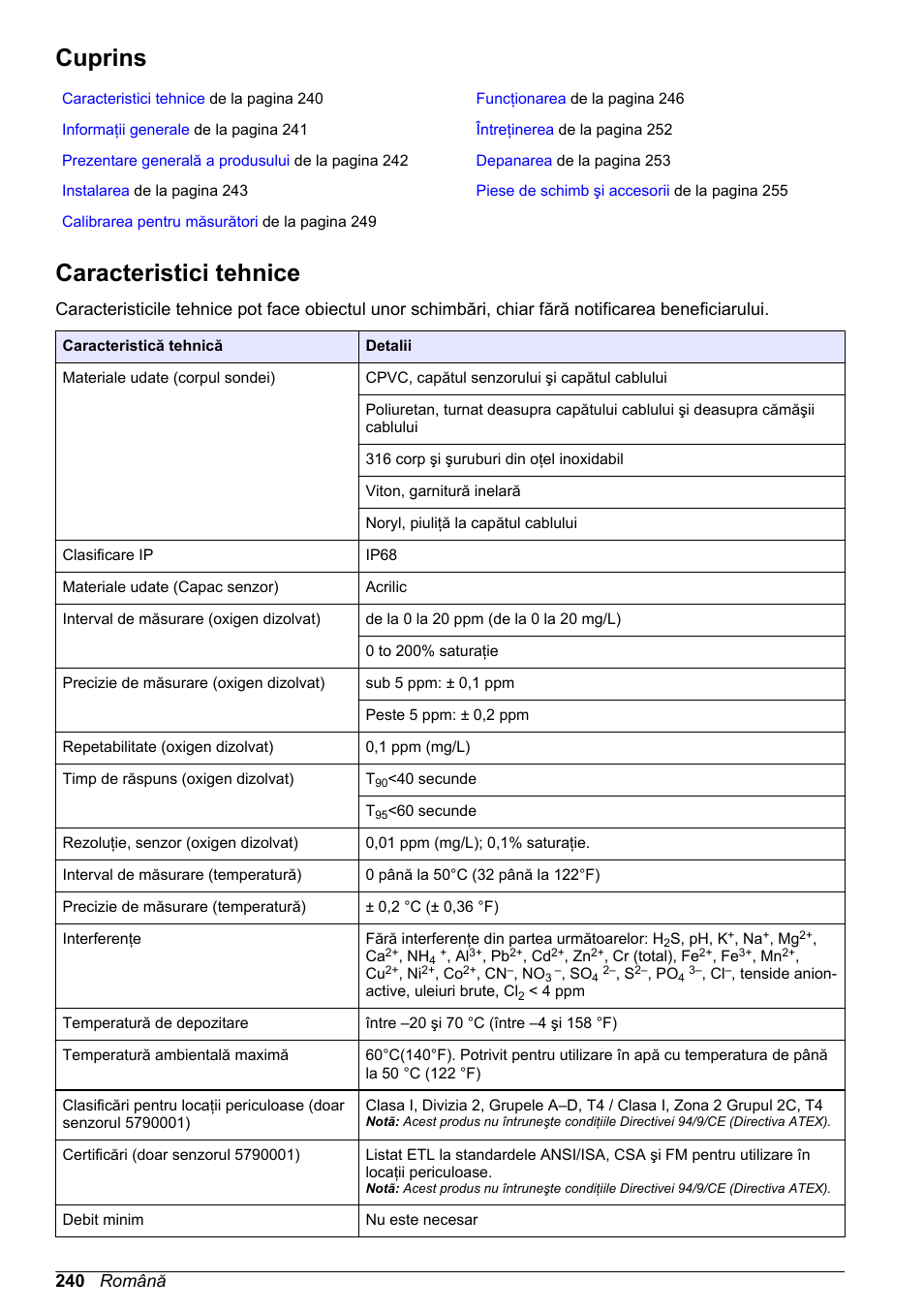 Manual de utilizare, Cuprins, Caracteristici tehnice | Română, 240 română | Hach-Lange LDO Sensor User Manual | Page 240 / 394